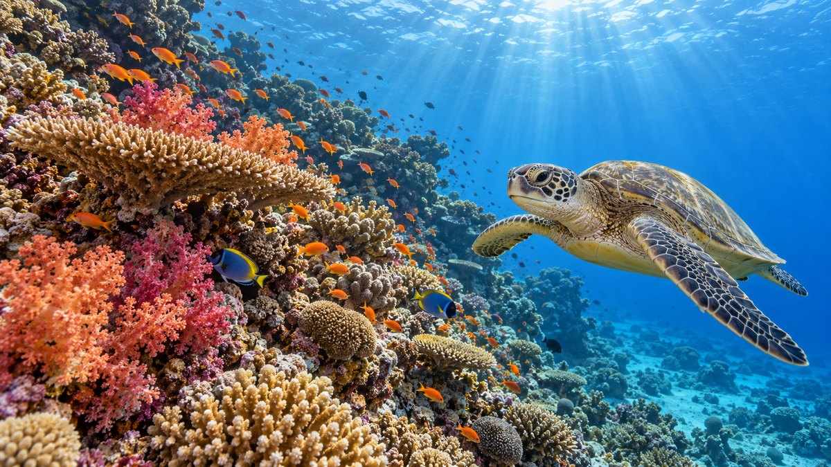 Коралловый риф Красного моря с рыбами и черепахой