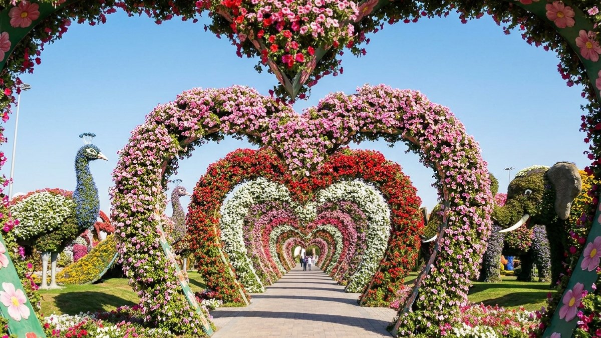Цветочные арки сада Miracle Garden в Дубае в солнечный зимний день