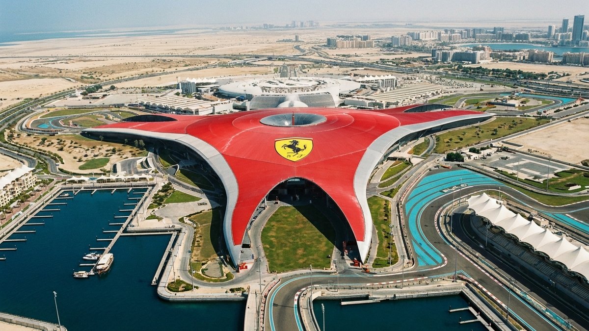 Парк Ferrari World на острове Яс в Абу-Даби с высоты
