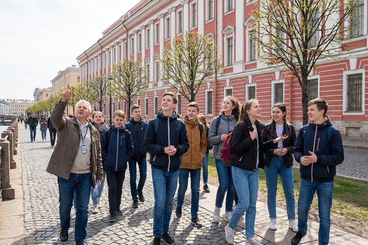 Школьники с гидом у здания Двенадцати коллегий СПбГУ