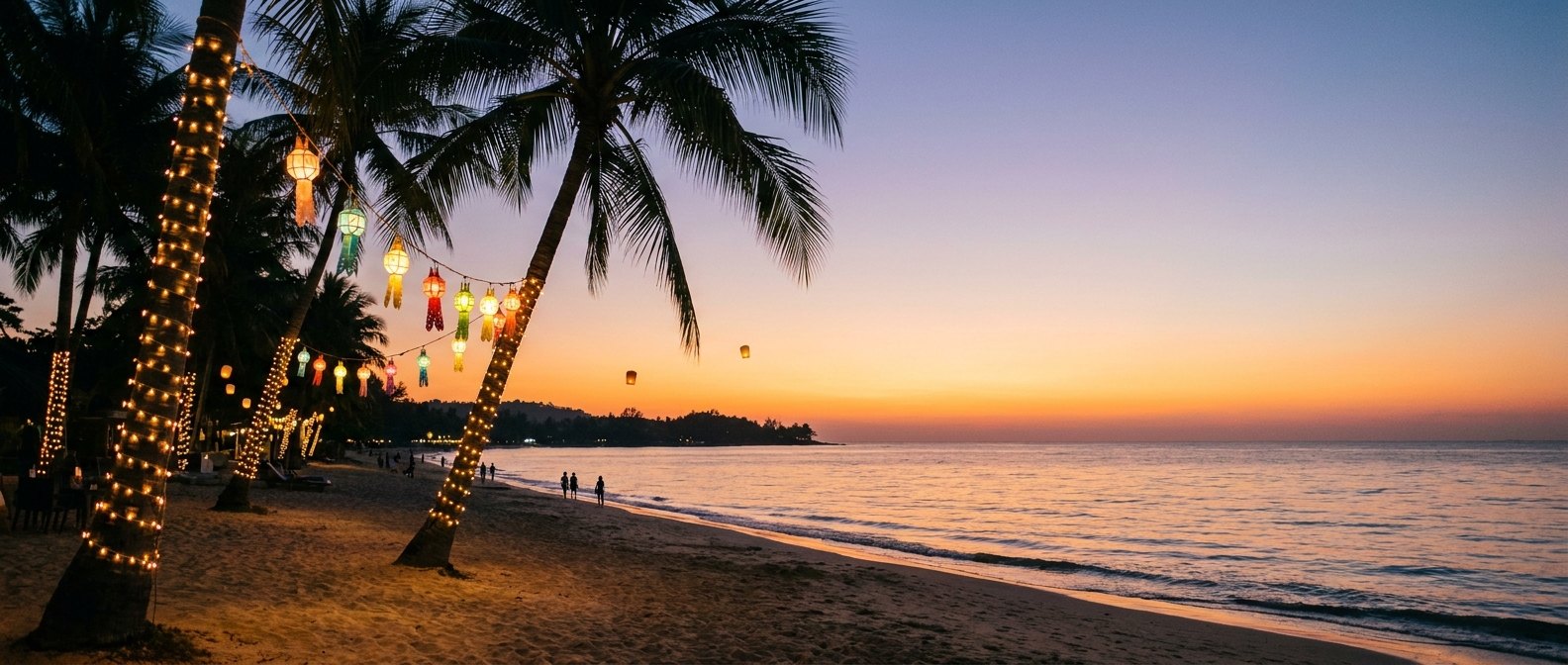 Тайский пляж вечером в конце декабря: пальмы в гирляндах и фонарики над морем