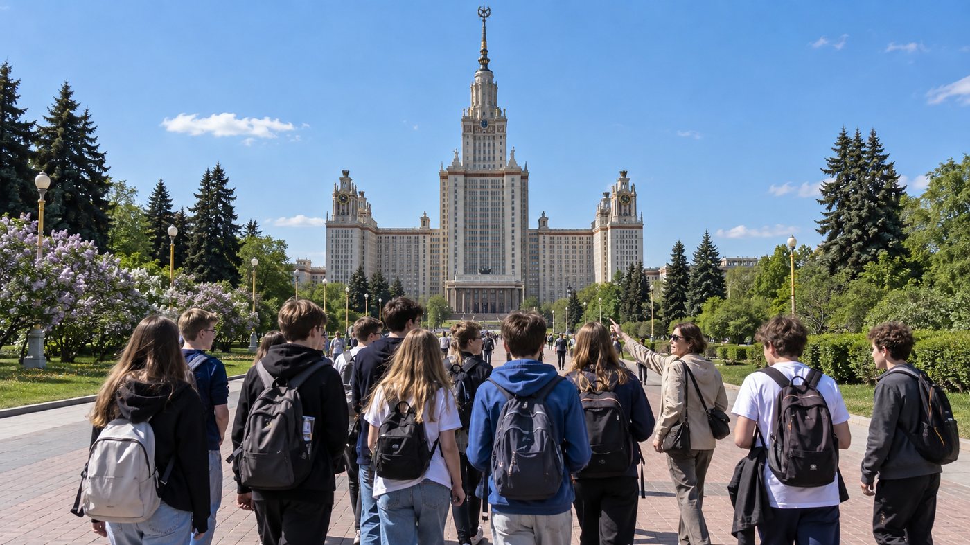 Главное здание МГУ на Воробьёвых горах и школьная группа